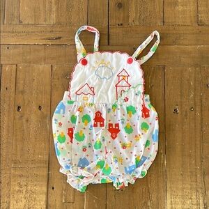 Vintage 90’s colorful schoolhouse embroidered sunsuit bubble romper shortalls